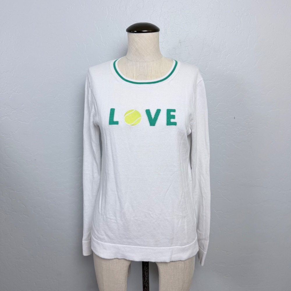 J.Crew Teddie Tennis Love Graphic Sweater White Green Cotton Womens Size S